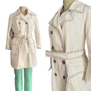 Vintage London Fog Short Trench Coat size S M in White denim w Black Thread READ